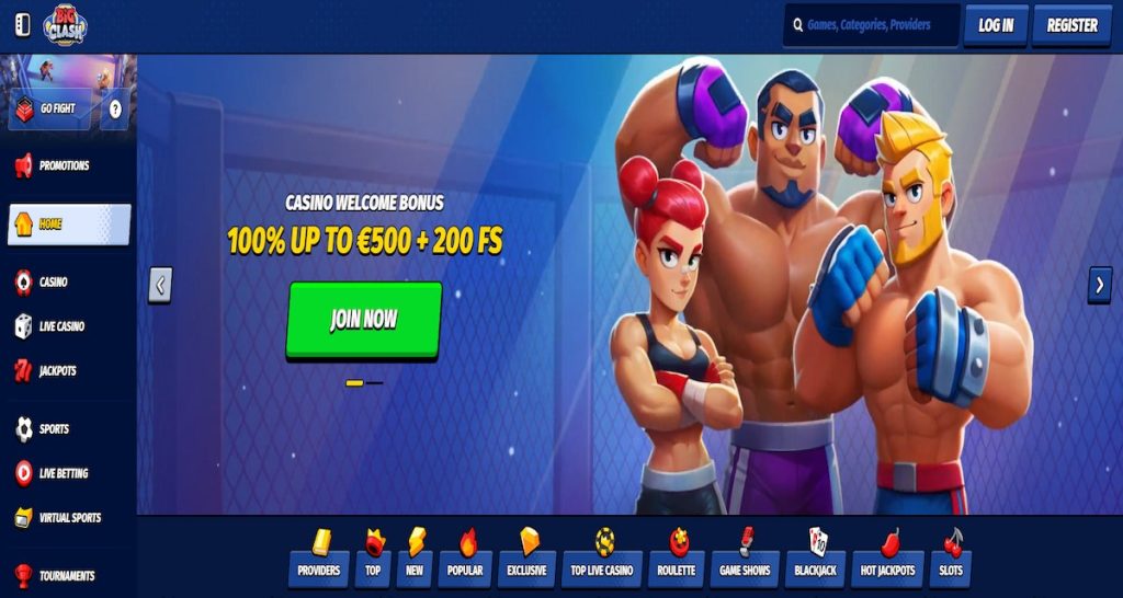 Promotional banner for Big Clash online casino featuring three animated fighters in a cage arena, highlighting a €500 welcome bonus and 200 free spins, with navigation options for casino, live betting, sports, and tournaments.
